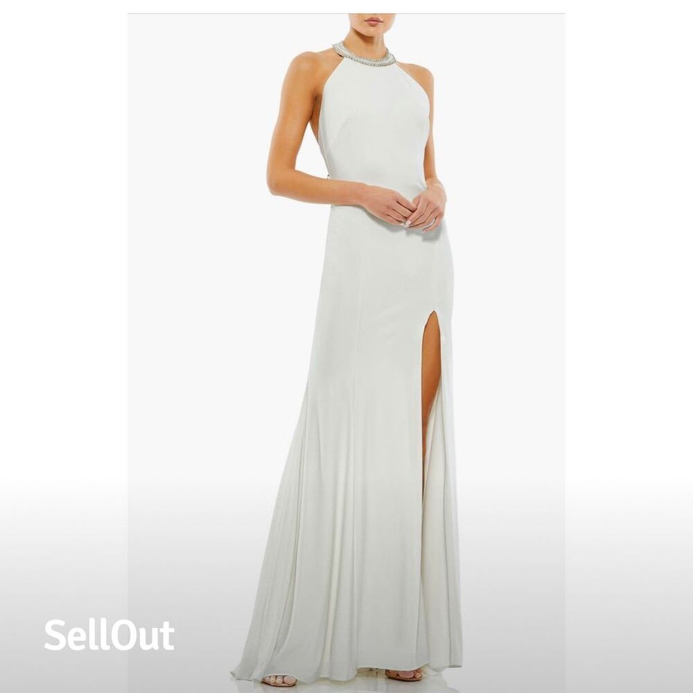 Mac Duggal White Halter Neck Evening Gown with Crystal Beaded Accents size 2